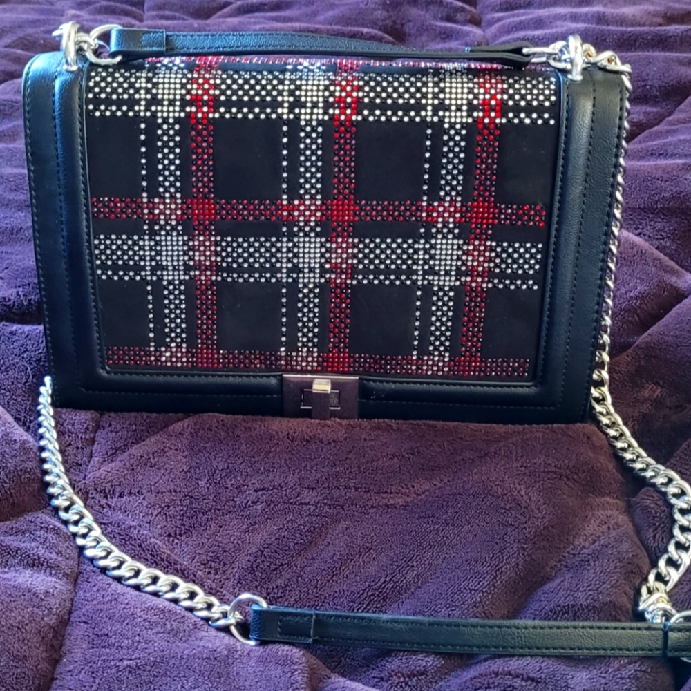 INC studded red, silver and black rhinestone purse.